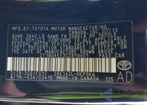 2012 Toyota Corolla S from USA, damaged, VIN 2T1BU4EE2CC819451